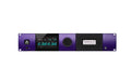 Front view of a purple and black audio interface unit with a screen, control knob, headphone jack, and power button.