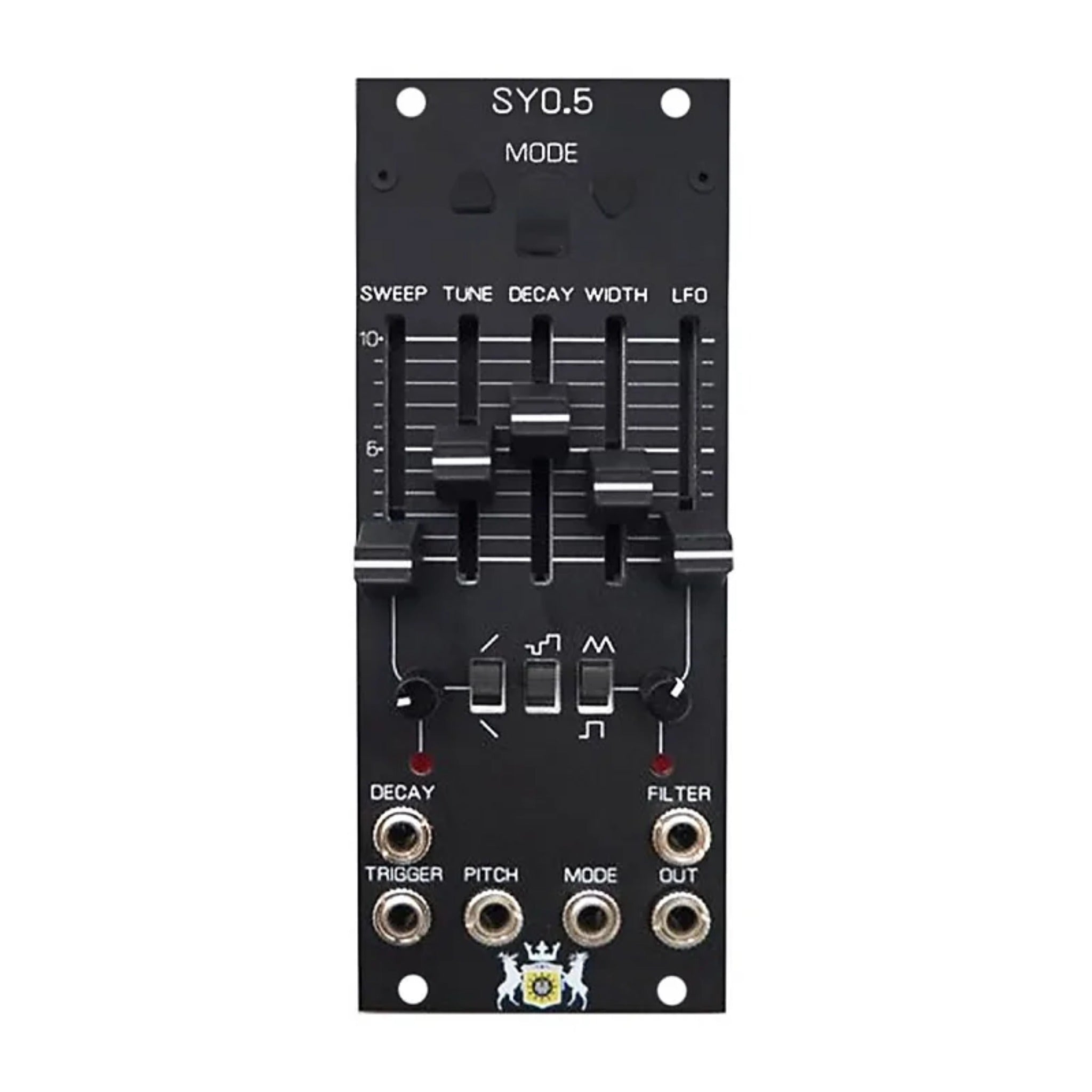 Black electronic module with sliders, switches, knobs, and jack sockets labeled with synth-related functions.