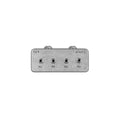 Small metal audio splitter box with four 1/4 inch jack sockets labeled T1, R1, T2, R2 and text F / C and SPLIT!