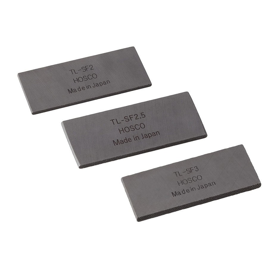 Three rectangular metal files labeled TL-SF2, TL-SF2.5, and TL-SF3 made by Hosco arranged on a white background.