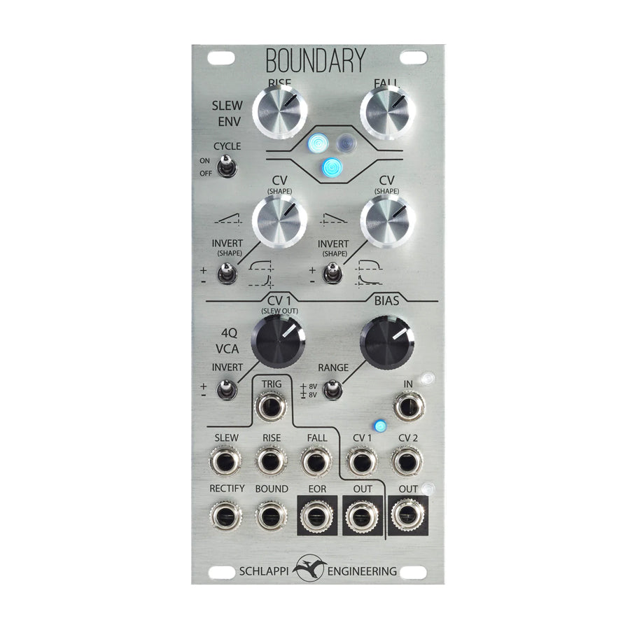 Silver eurorack module with knobs, toggle switches, LEDs, and multiple 1/8 inch audio jacks labeled Boundary by Schlappi Engineering.