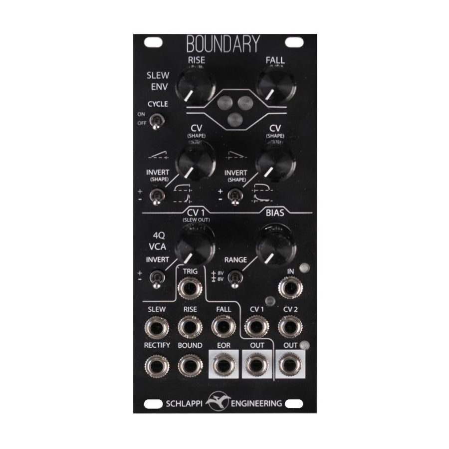 Black Eurorack module with knobs, toggle switches, and multiple 3.5mm jacks labeled with control voltage and slew parameters.