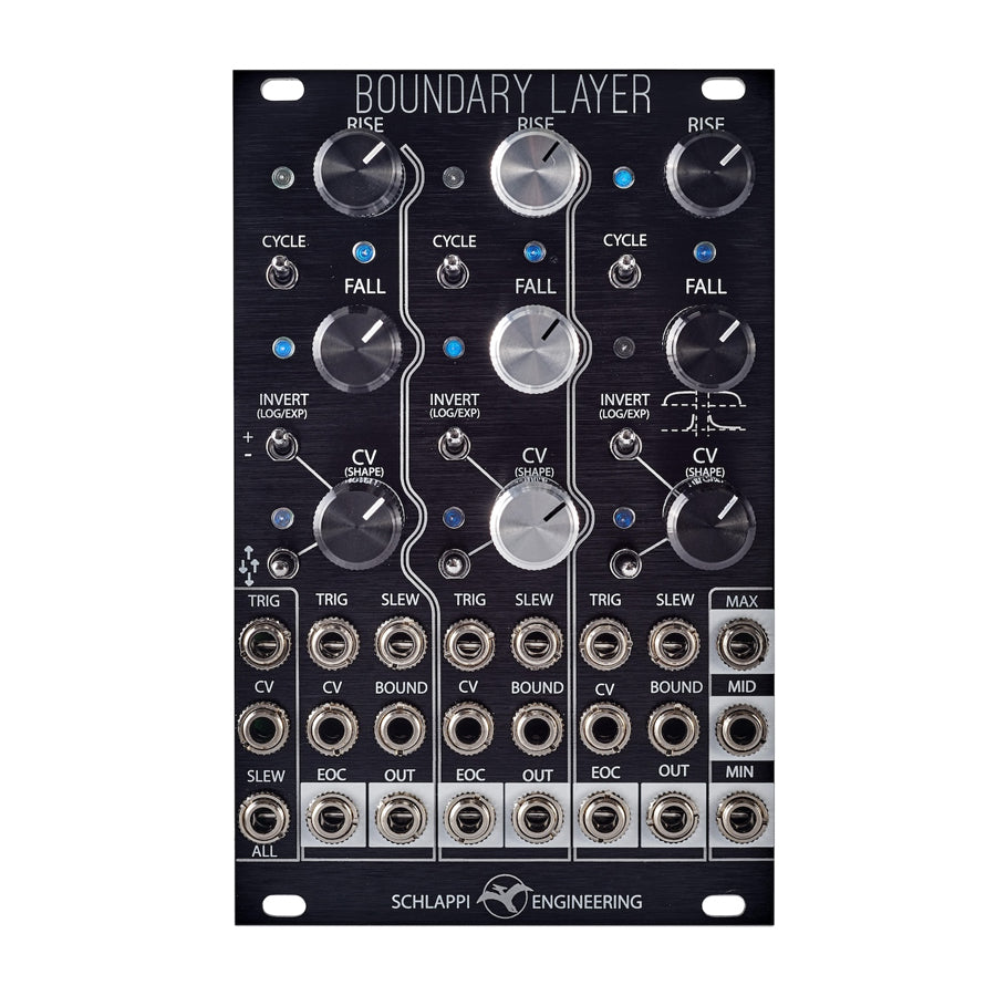 Schlappi Engineering Boundary Layer eurorack module with three columns of knobs, switches, and patch jacks on a black panel.