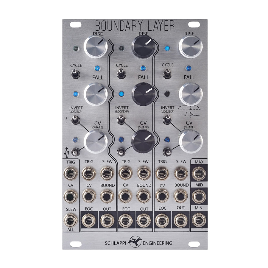 Silver metal eurorack module with knobs, switches, and multiple 3.5mm jacks labeled Boundary Layer