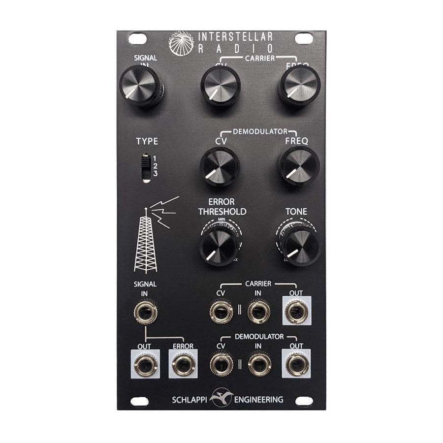 Black analog module with knobs, switches, and multiple 3.5mm jack connectors labeled for signal and carrier control.