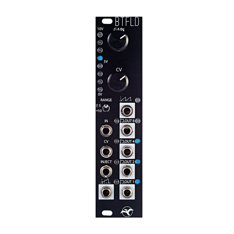 Black modular synthesizer module with knobs, toggle switch, and multiple 3.5mm jacks labeled IN, CV, INJECT, and OUT 1-8.
