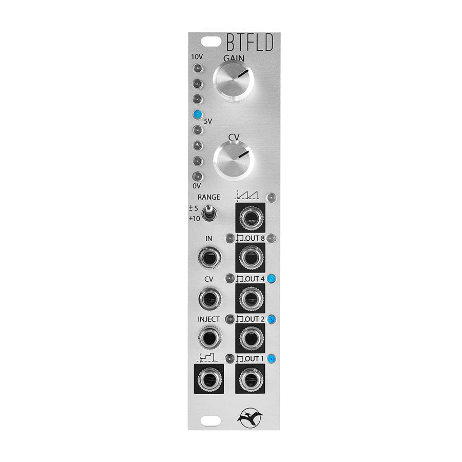 Silver eurorack module with multiple input and output jacks, two knobs, and a toggle switch on the front panel.
