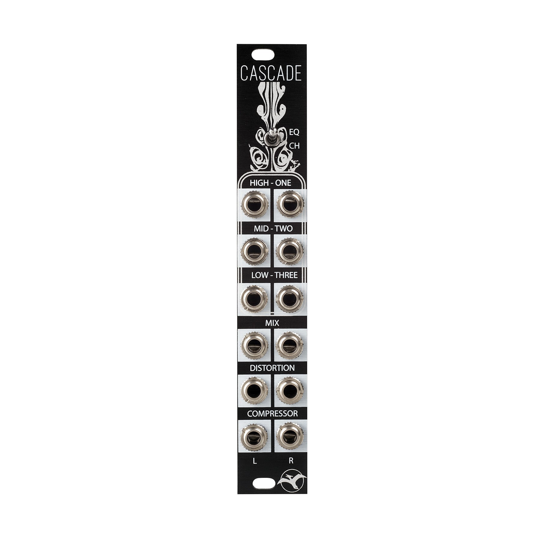 Black audio module panel with multiple 1/8 inch jacks and a toggle switch labeled Cascade