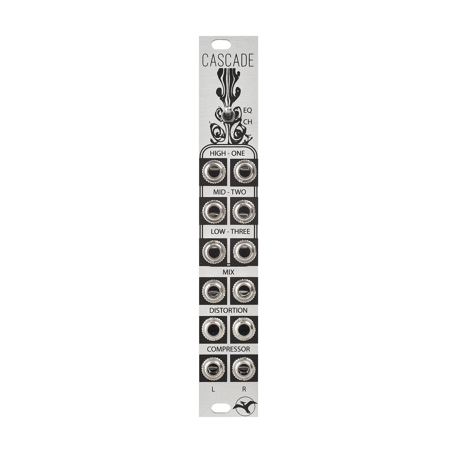 Silver modular synthesizer module panel labeled Cascade with toggle switch and multiple jack sockets.