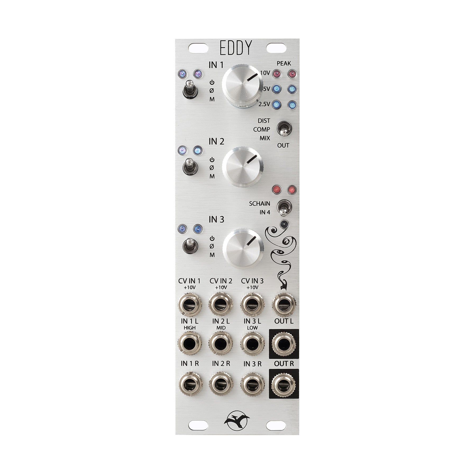 Silver eurorack module with knobs, toggle switches, LEDs, and multiple 3.5mm jacks labeled for inputs, outputs, and control voltage.