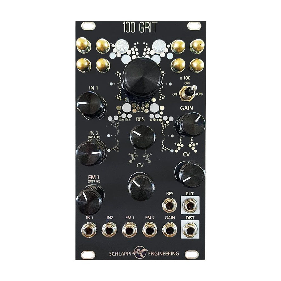 Black eurorack module with multiple knobs, toggle switch, and 3.5mm jacks labeled with input and control functions.