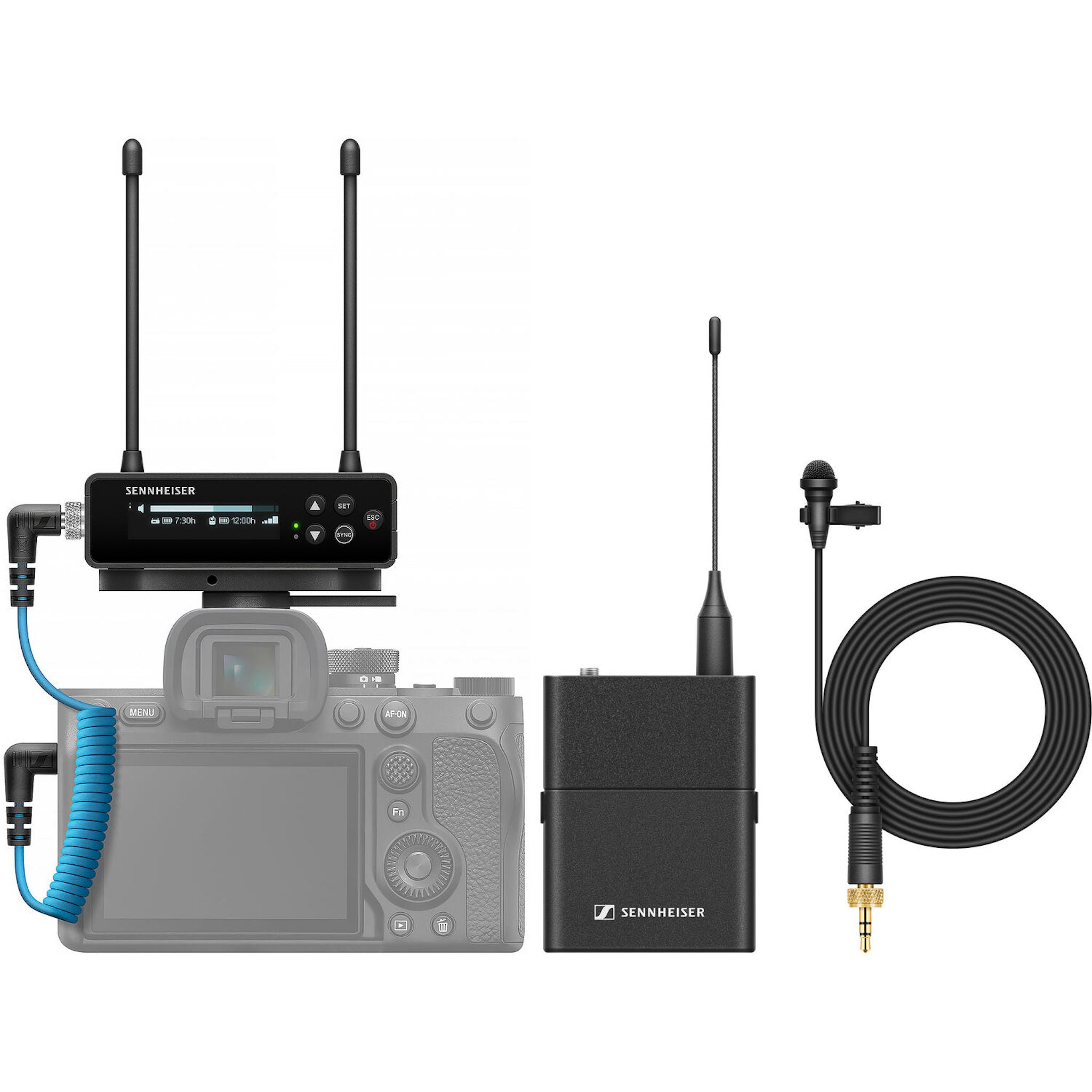Sennheiser wireless microphone set showing transmitter, receiver with antennas, lavalier microphone, and connecting cables.
