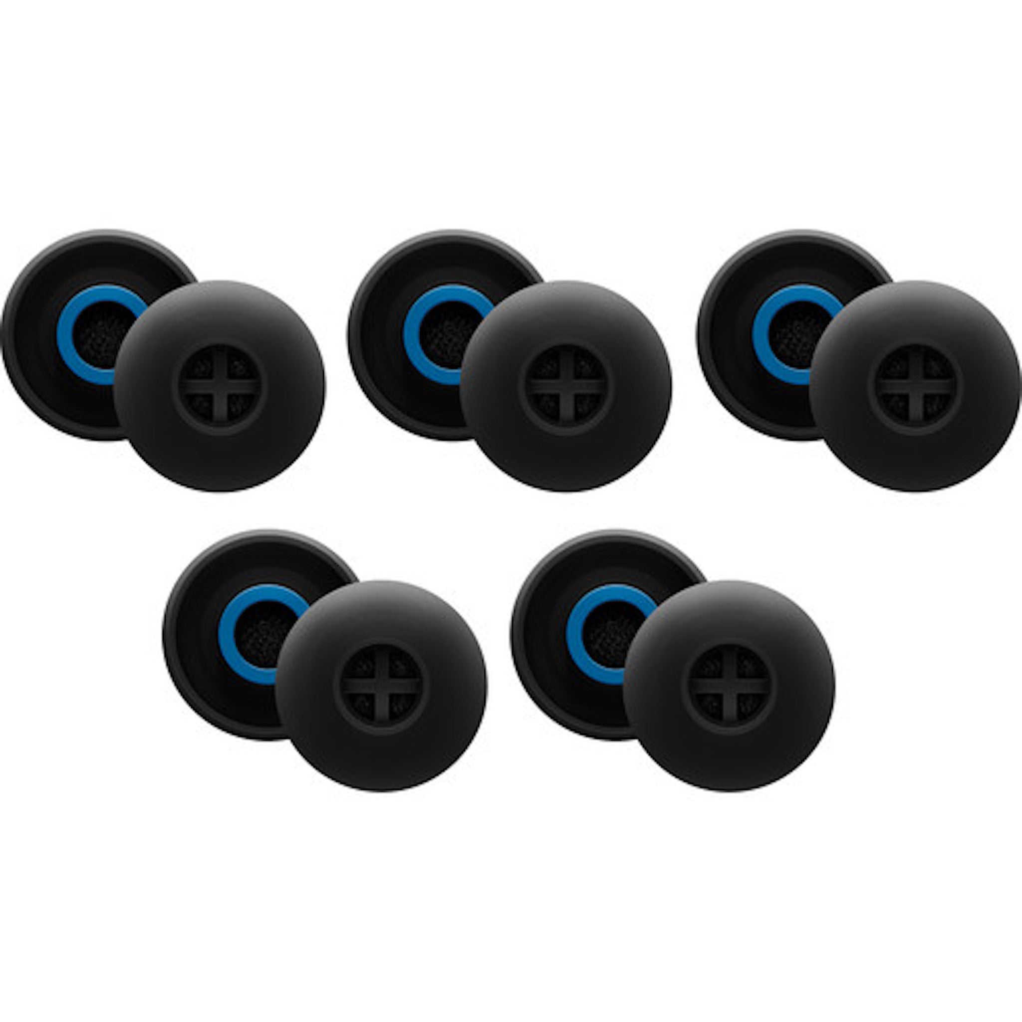Five pairs of black silicone ear adapters with blue inner ring shown in two rows on white background.
