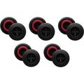 Five pairs of black silicone ear adapters with red inner rings and cross-pattern openings are shown.