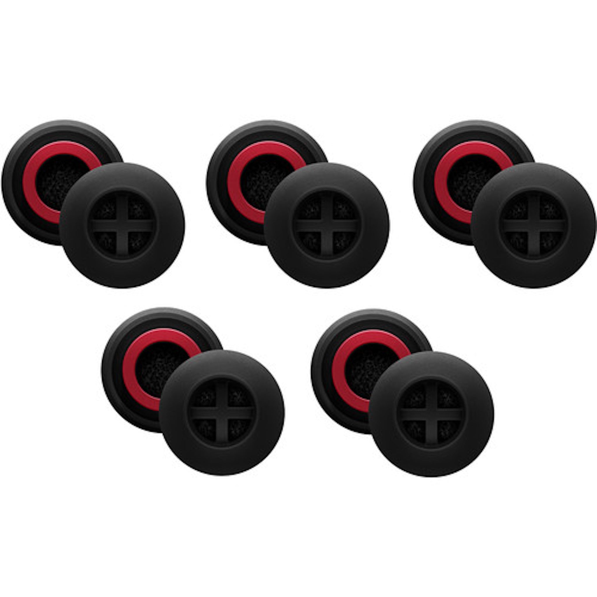 Five pairs of black silicone ear adapters with red inner rings and cross-pattern openings are shown.