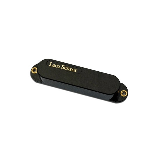 Black Lace Sensor guitar pickup with gold text and mounting holes on each end.