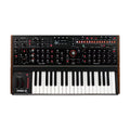 Black electronic keyboard synthesizer with multiple knobs, buttons, sliders, and a small display screen.