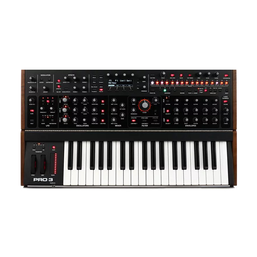 Black electronic keyboard synthesizer with multiple knobs, buttons, sliders, and a small display screen.