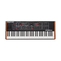 Black electronic keyboard synthesizer with white and black keys and wood side panels.