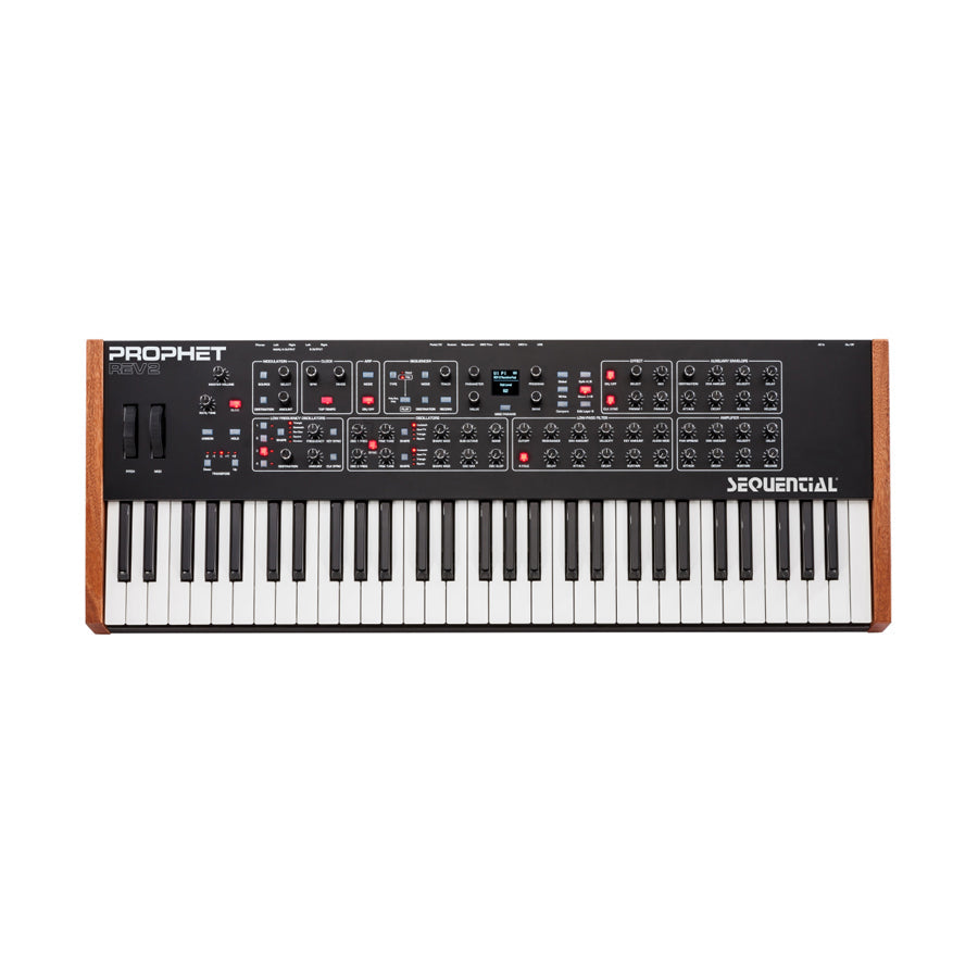 Black electronic keyboard synthesizer with white and black keys and wood side panels.