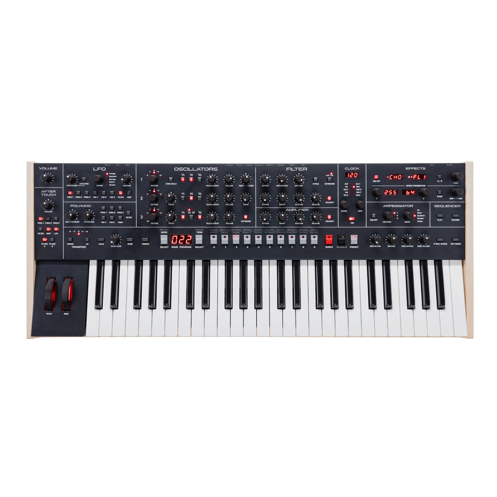 Black synthesizer keyboard with various knobs, buttons, keys, and LED displays on top panel.