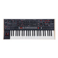Black synthesizer keyboard with various knobs, buttons, keys, and LED displays on top panel.
