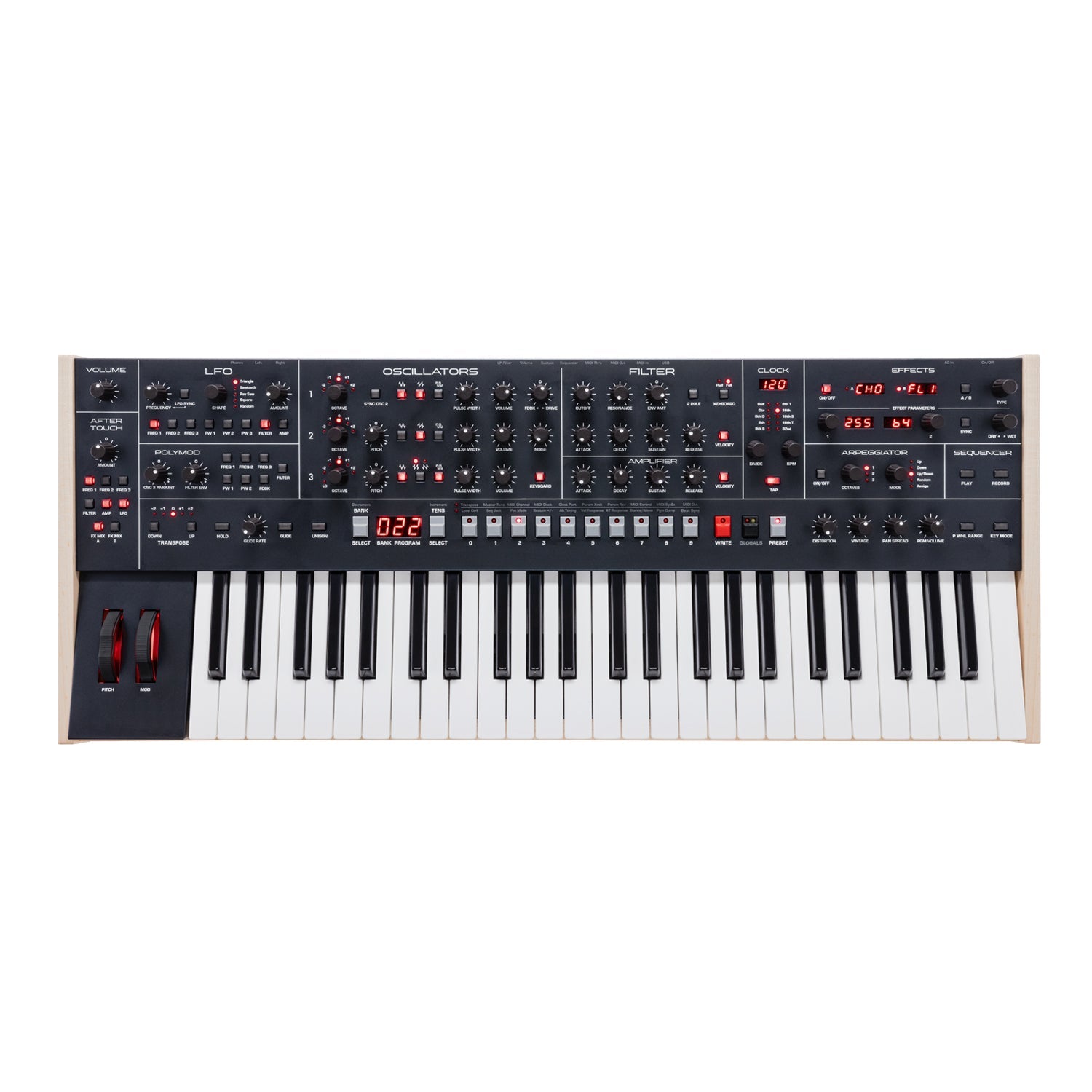 Black synthesizer keyboard with various knobs, buttons, keys, and LED displays on top panel.