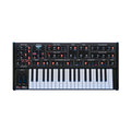 Black synthesizer with 37 keys, knobs, buttons, and pitch/mod wheels labeled with modulation, oscillators, filter, and envelope settings.