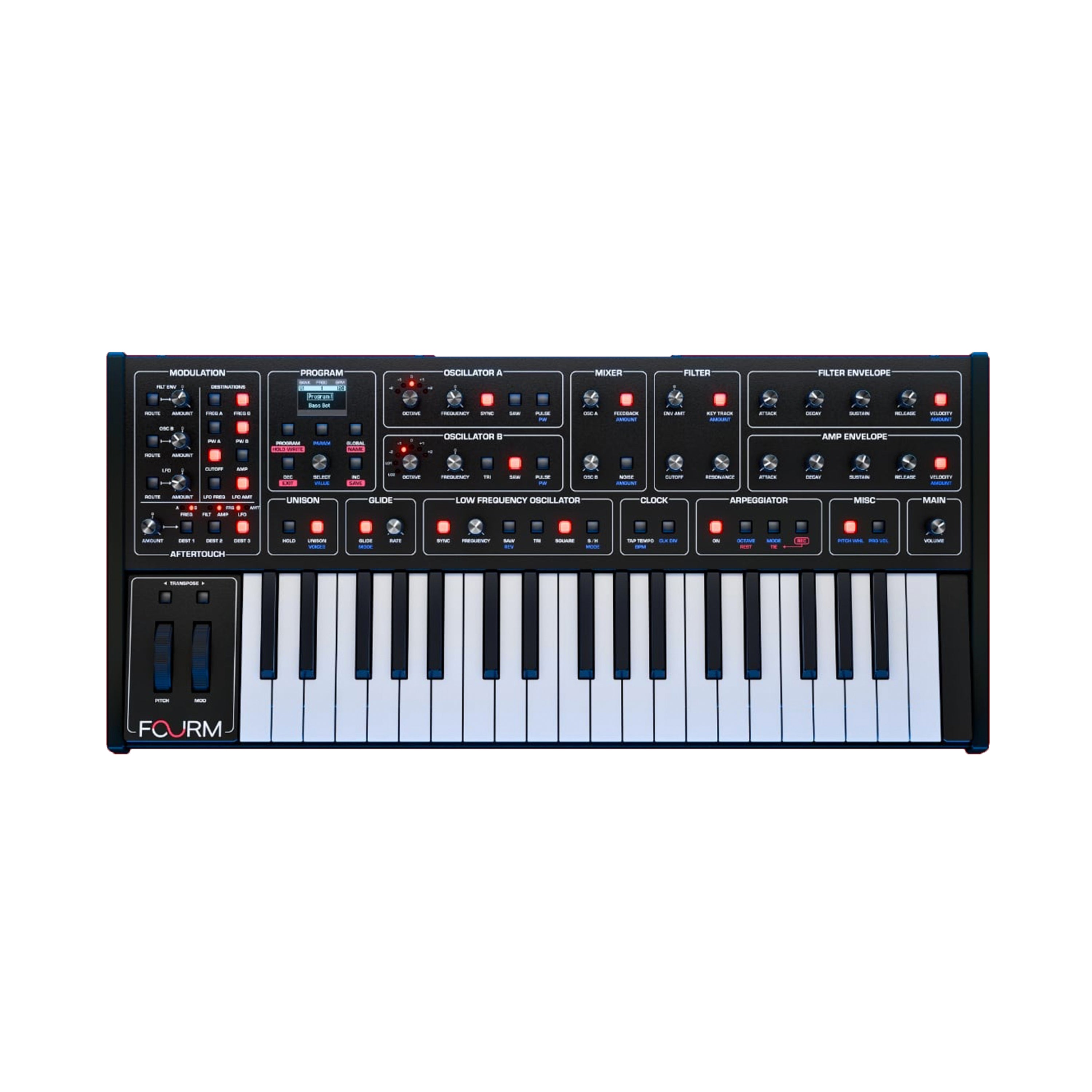 Black synthesizer with 37 keys, knobs, buttons, and pitch/mod wheels labeled with modulation, oscillators, filter, and envelope settings.