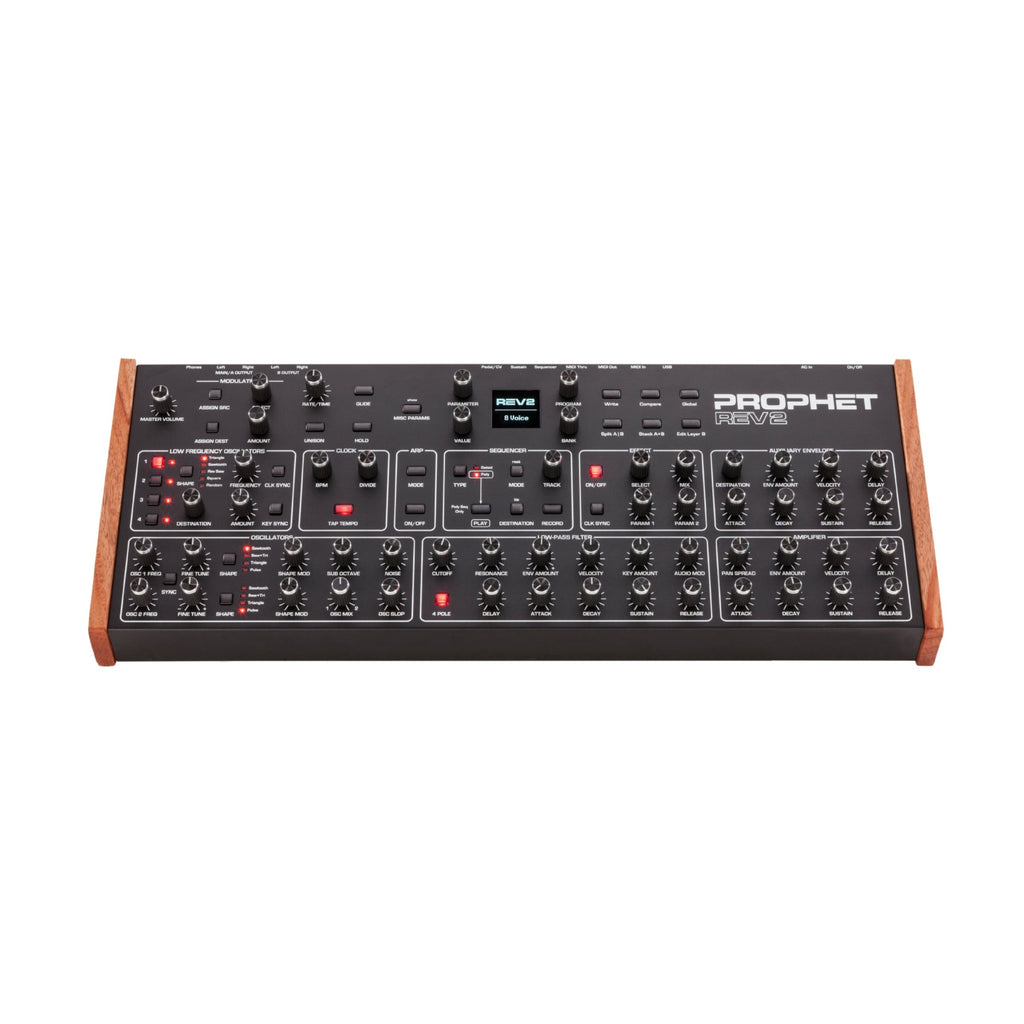 Black Sequential Prophet Rev2 synthesizer with wooden side panels and multiple knobs and buttons on top panel