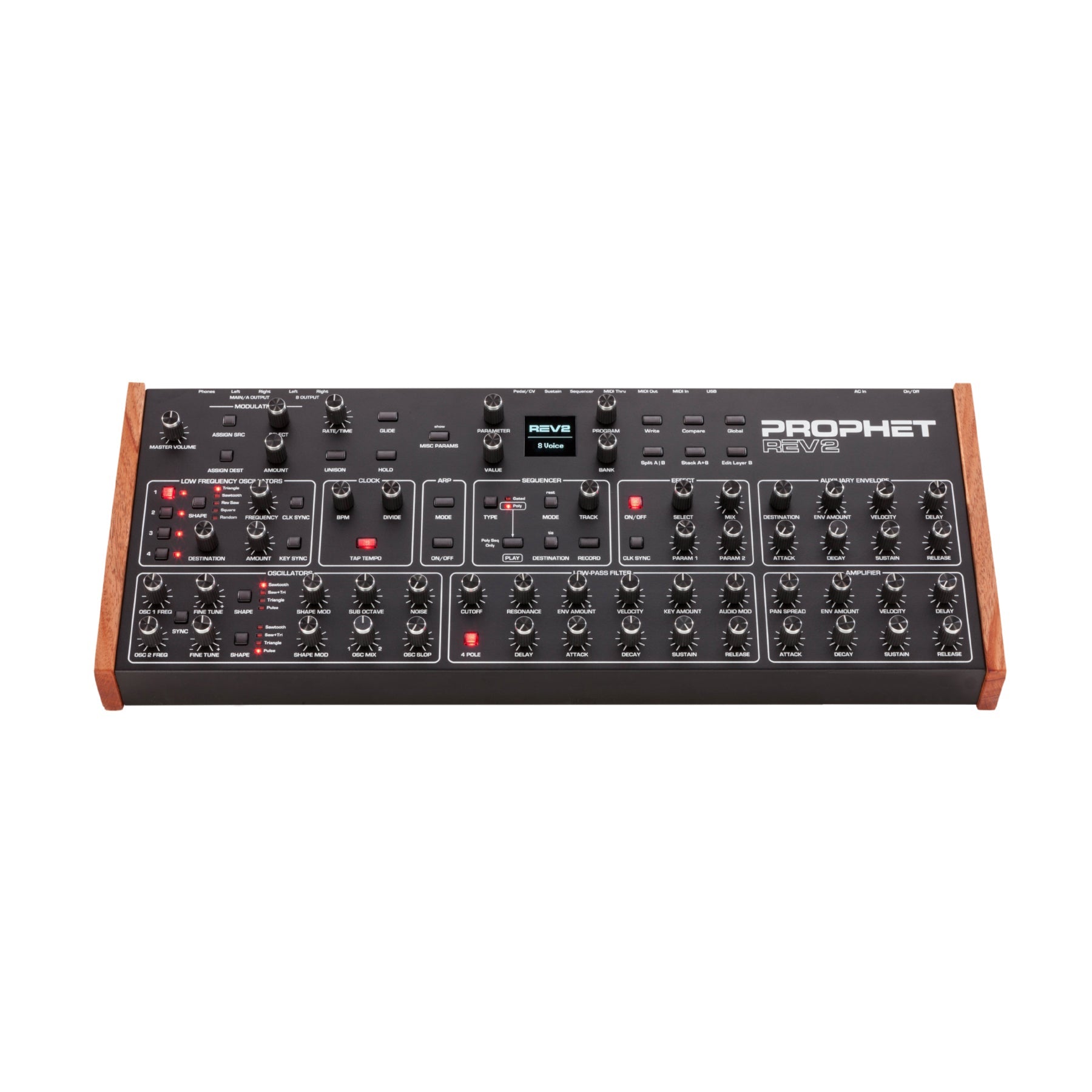 Black Sequential Prophet Rev2 synthesizer with wooden side panels and multiple knobs and buttons on top panel