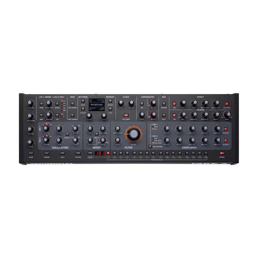 Front panel of a black electronic synthesizer with multiple knobs, buttons, and a small display screen.