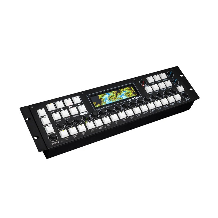 Black sequencer module with white buttons, rotary knobs, and a color screen displaying a fractal pattern.