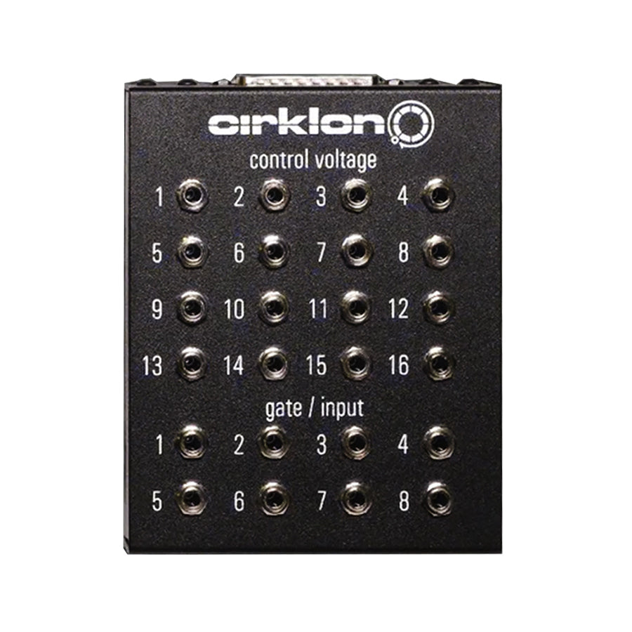 Black device with multiple rows of 3.5mm jacks labeled control voltage and gate/input numbered 1 to 16 and 1 to 8 respectively.