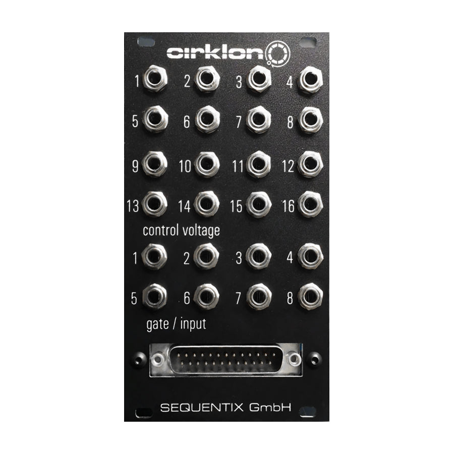 Black eurorack module panel with 24 metal jack sockets and one D-sub connector labeled with numbers and functions.