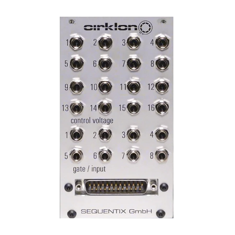 Silver eurorack module labeled cirklon with multiple 1/4 inch jacks and a D-sub connector at bottom.