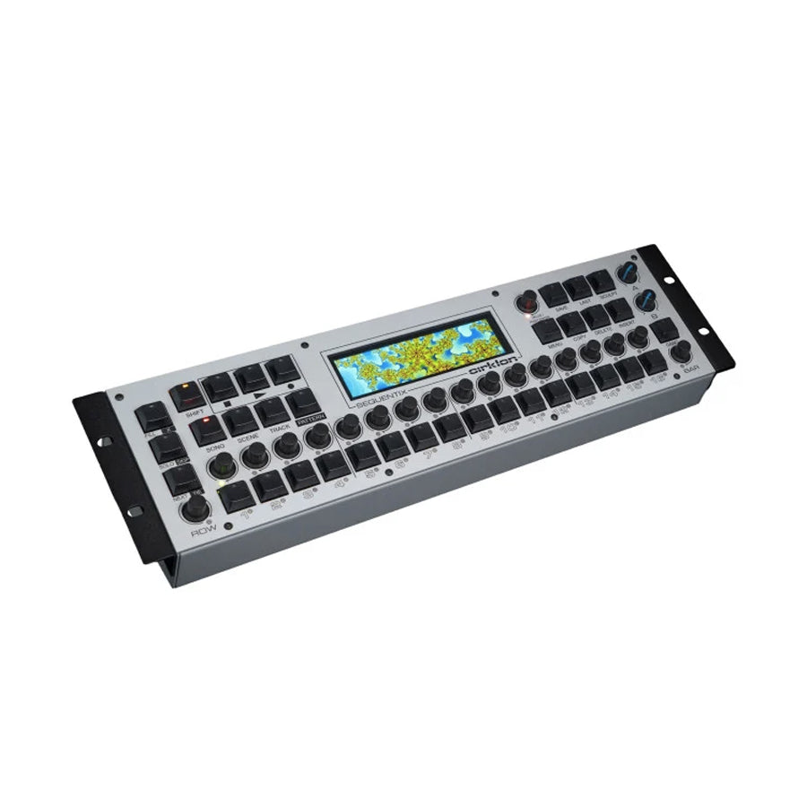 Silver electronic sequencer device with multiple knobs, buttons, and a color screen displaying a fractal pattern.