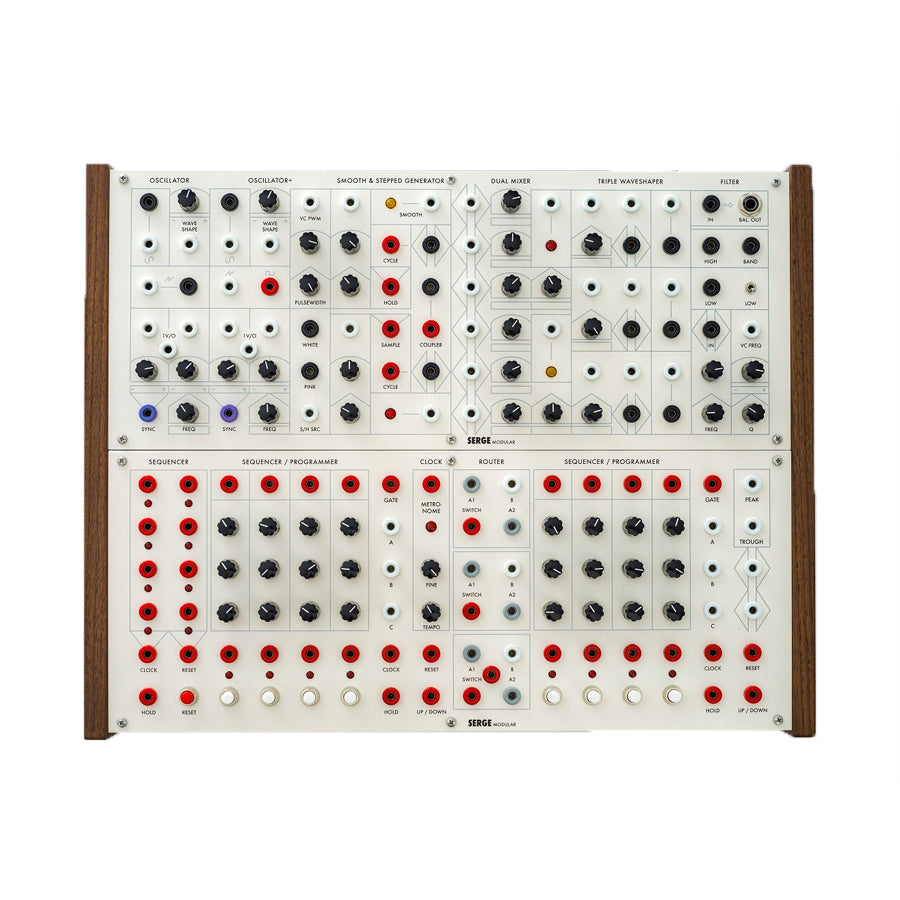 Modular synthesizer eurorack unit with knobs, jacks, and buttons on white panel with wooden sides.
