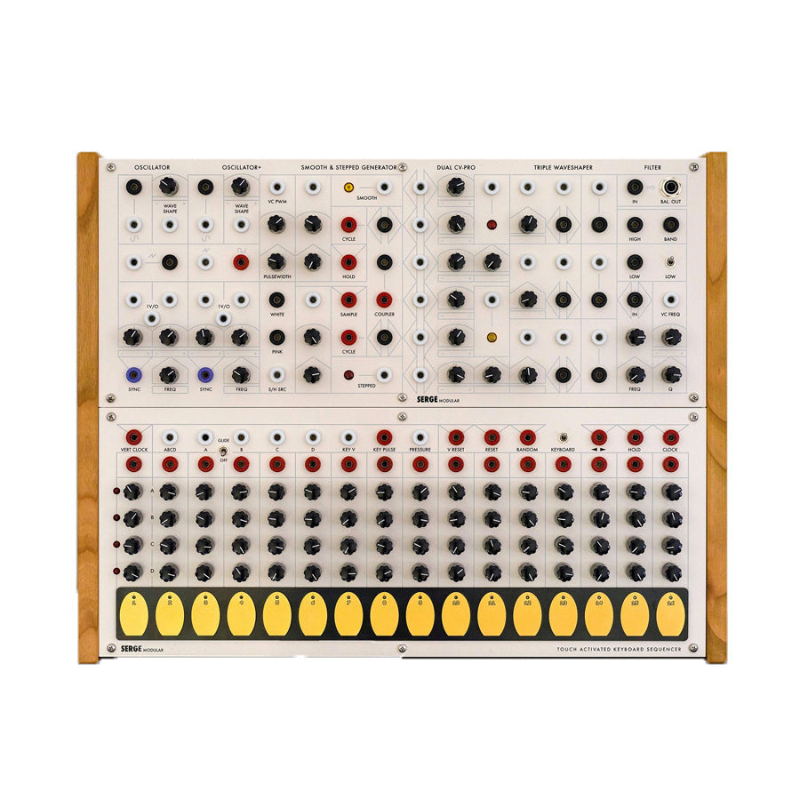 White and wood eurorack module with knobs, jack sockets, and a touch activated keyboard sequencer panel.