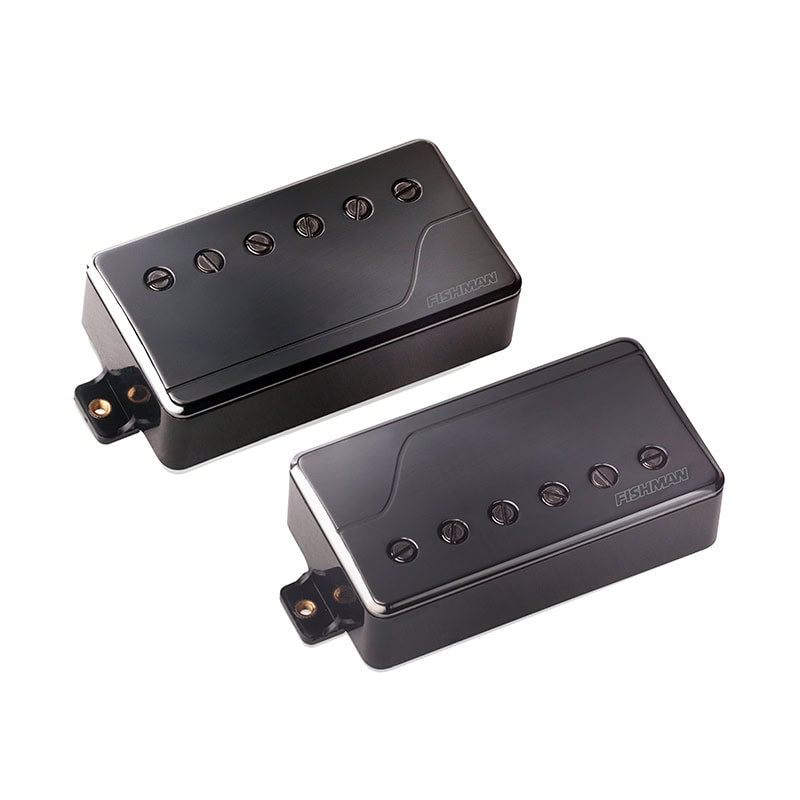 Two black Fishman humbucker guitar pickups with adjustable pole screws shown on white background.