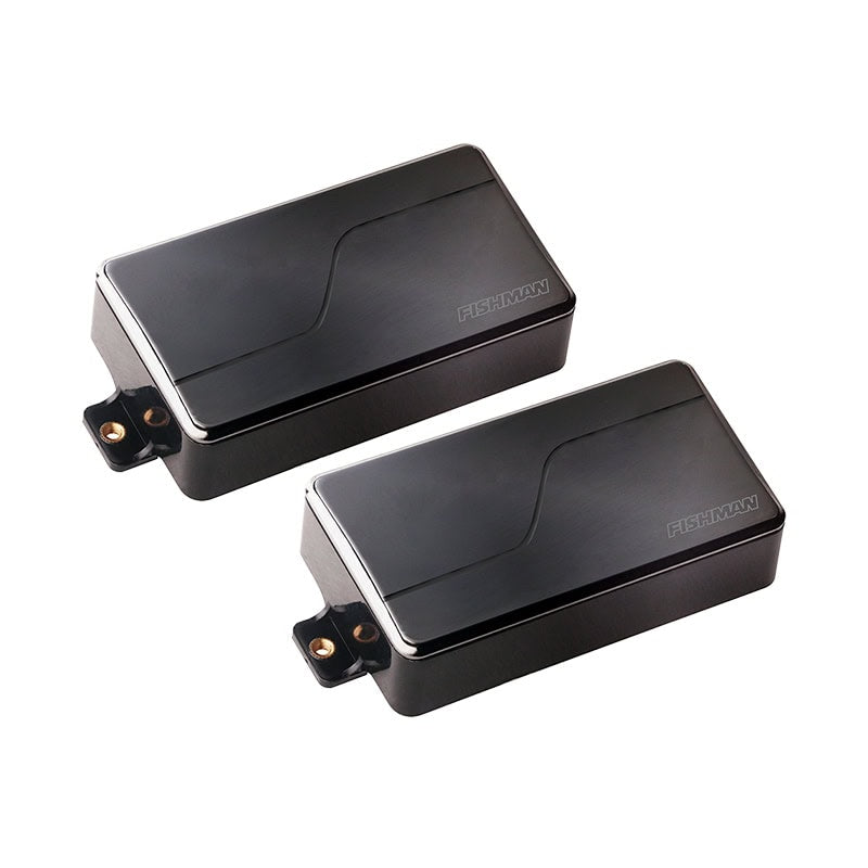 Two black rectangular Fishman branded pickups with mounting tabs shown on a white background.