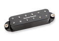 Black Seymour Duncan guitar pickup with silver screws and gold metal mounting inserts on a white background.
