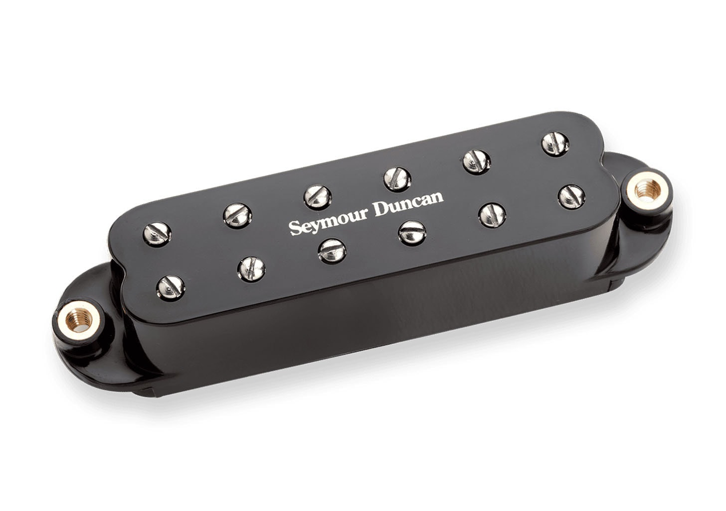 Black Seymour Duncan guitar pickup with silver screws and gold metal mounting inserts on a white background.
