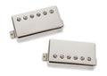 Two silver metal electric guitar pickups with six adjustable pole pieces each on a white background.