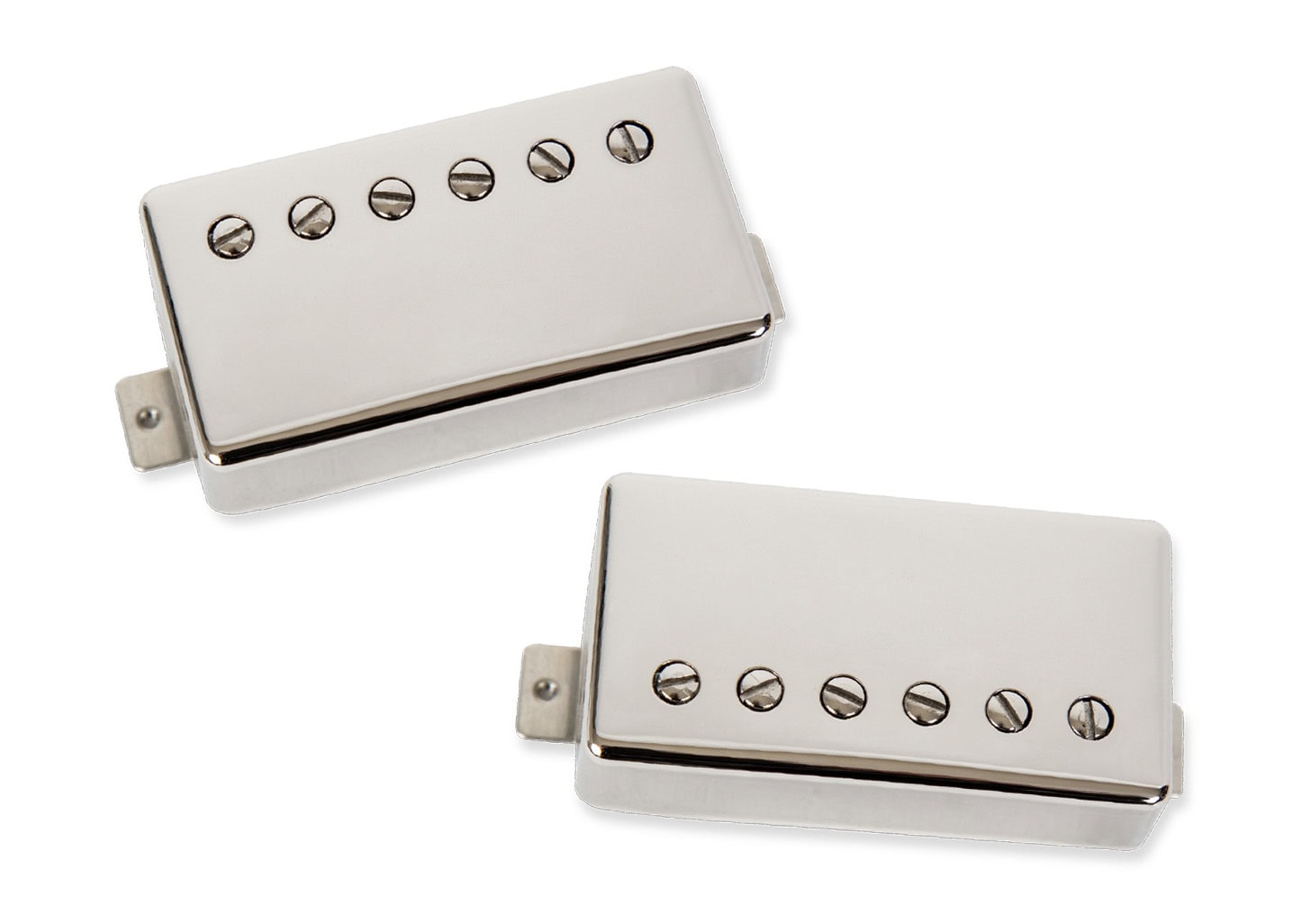 Two silver metal electric guitar pickups with six adjustable pole pieces each on a white background.
