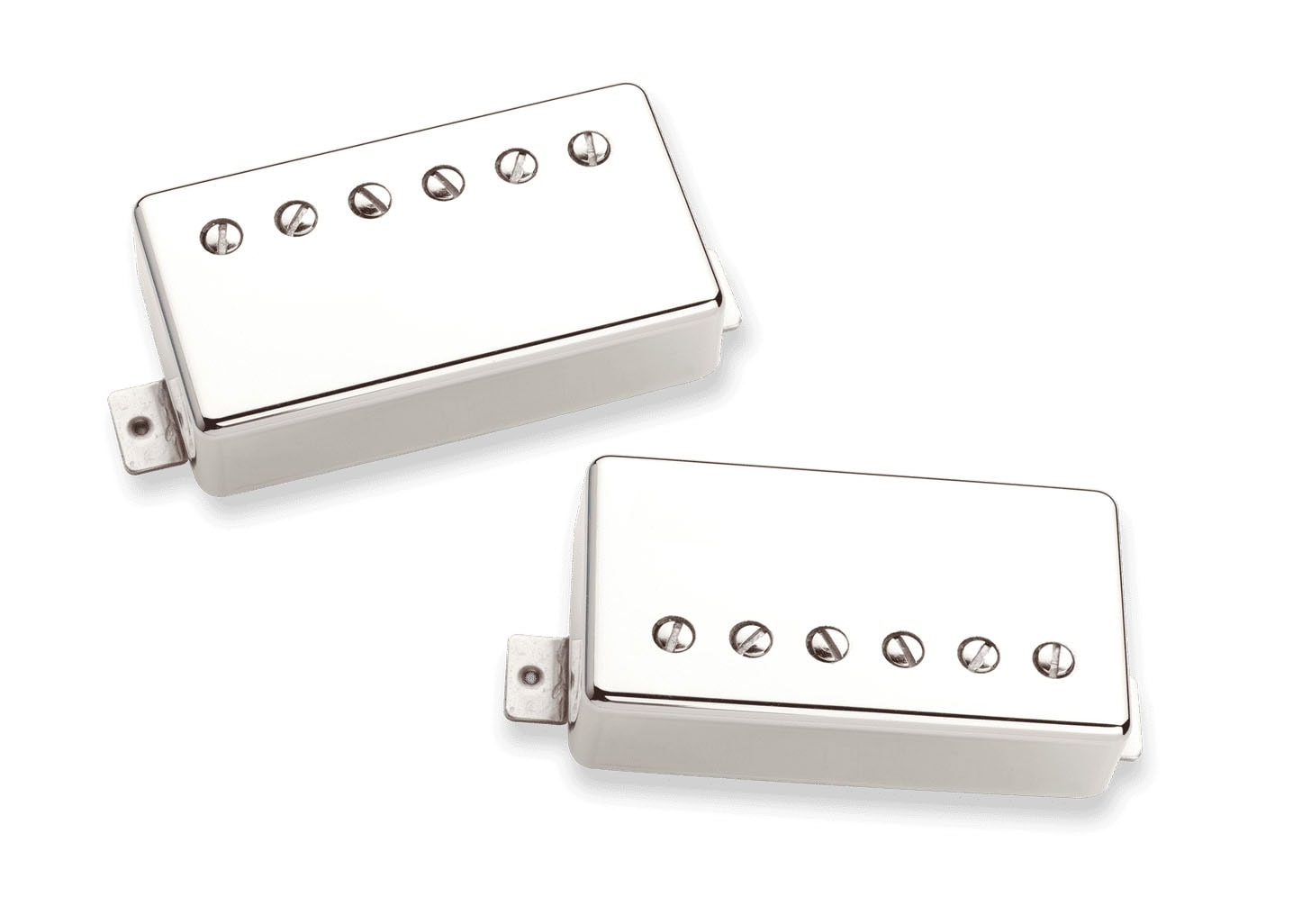 Two rectangular metal guitar humbucker pickups with six adjustable pole screws each and mounting tabs