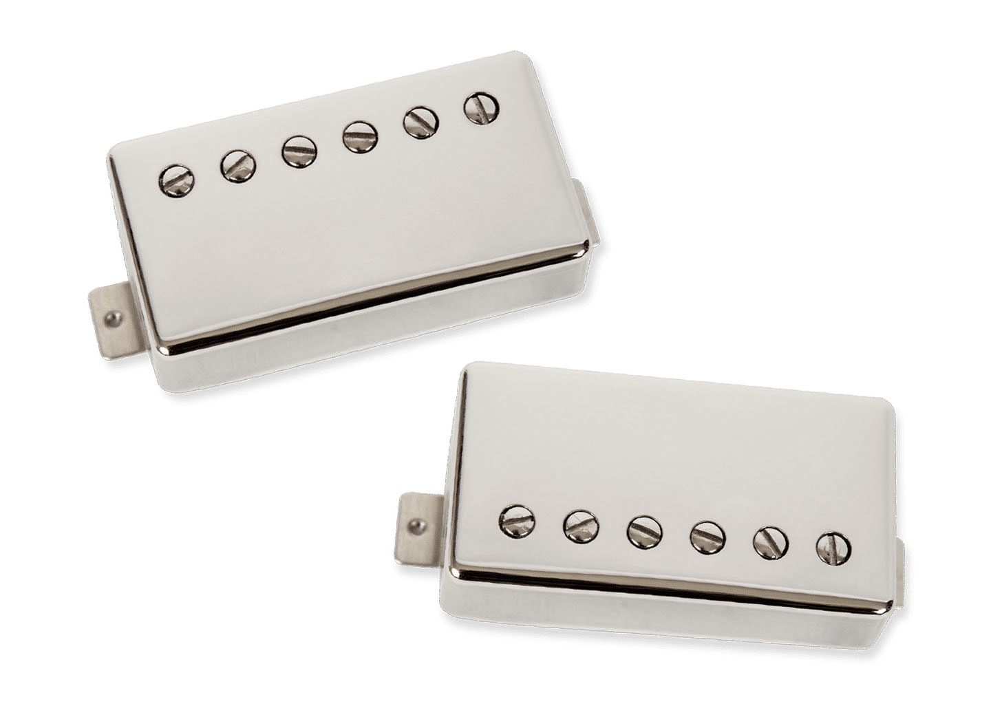 Two rectangular nickel-colored guitar pickups with six adjustable screws each on a white background.