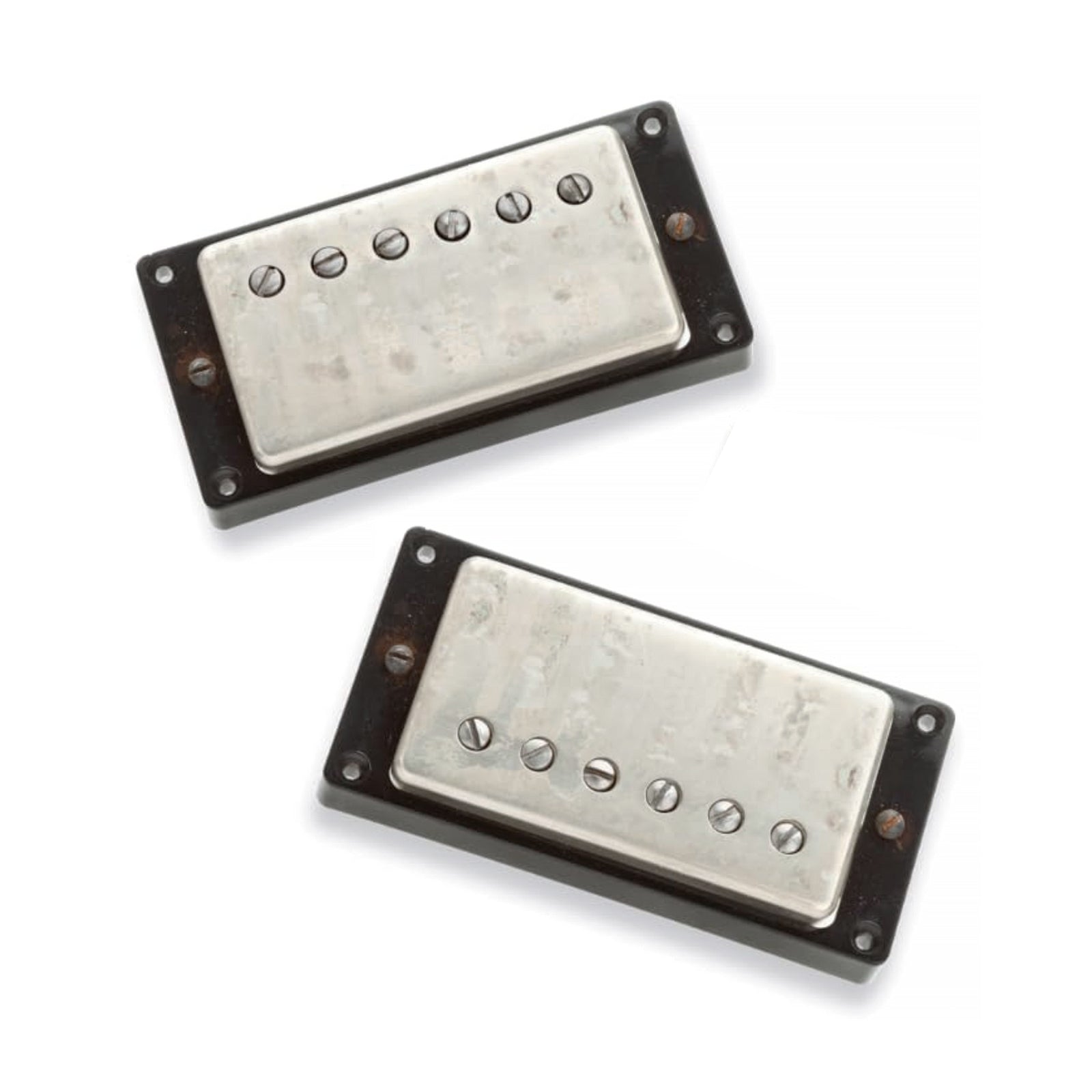 Two rectangular metal-covered humbucker pickups with black mounting frames are shown on a white background.