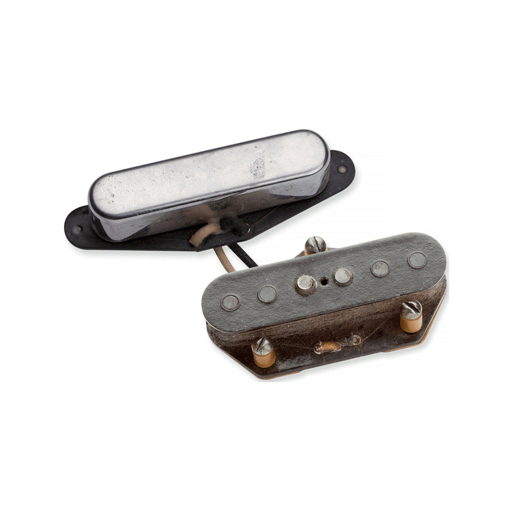Two metal and plastic guitar pickups with attached wires placed on a white background.