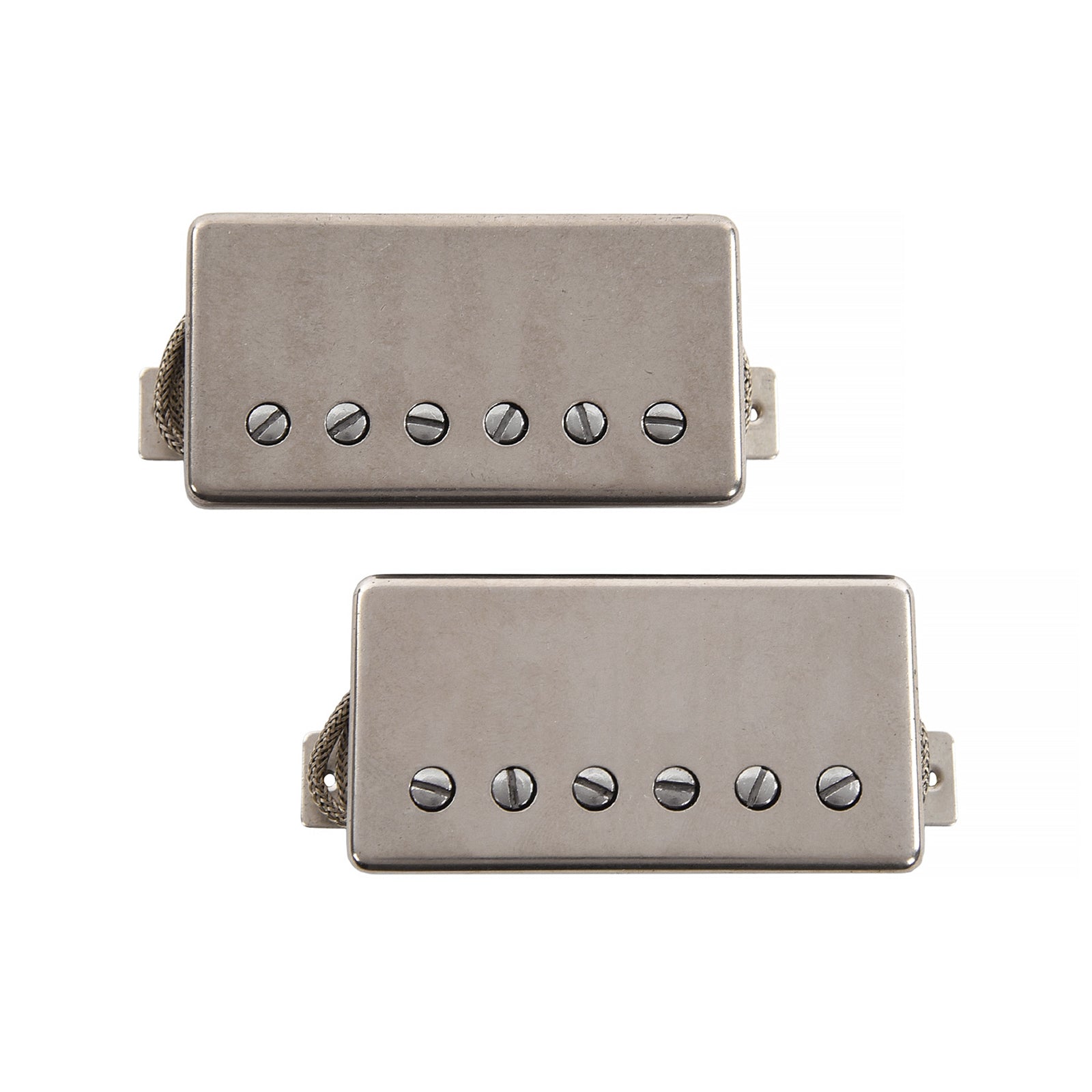 Two silver humbucker guitar pickups with six adjustable screws and braided wire leads.